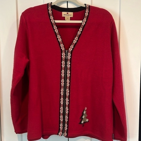 Vintage 100% Wool Christmas Woolwich Red Zipper Cardigan Embroidered Details XL - Picture 1 of 11